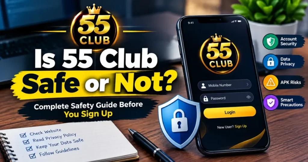 55 Club Login safe or not featured image showing 55 Club login screen, security shield, privacy checklist, APK risk warning, 55 club login, 55 club log in, 55clublogin complete safety guide by Win Exchange 247.