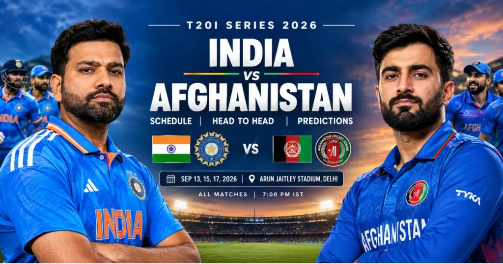 India vs Afghanistan T20I Series 2026 featured image with captains Shreyas Iyer and Ibrahim Zadran, highlighting the September 13, 15 and 17 T20I schedule, head-to-head record, match predictions, and Arun Jaitley Stadium in Delhi. Winexchange