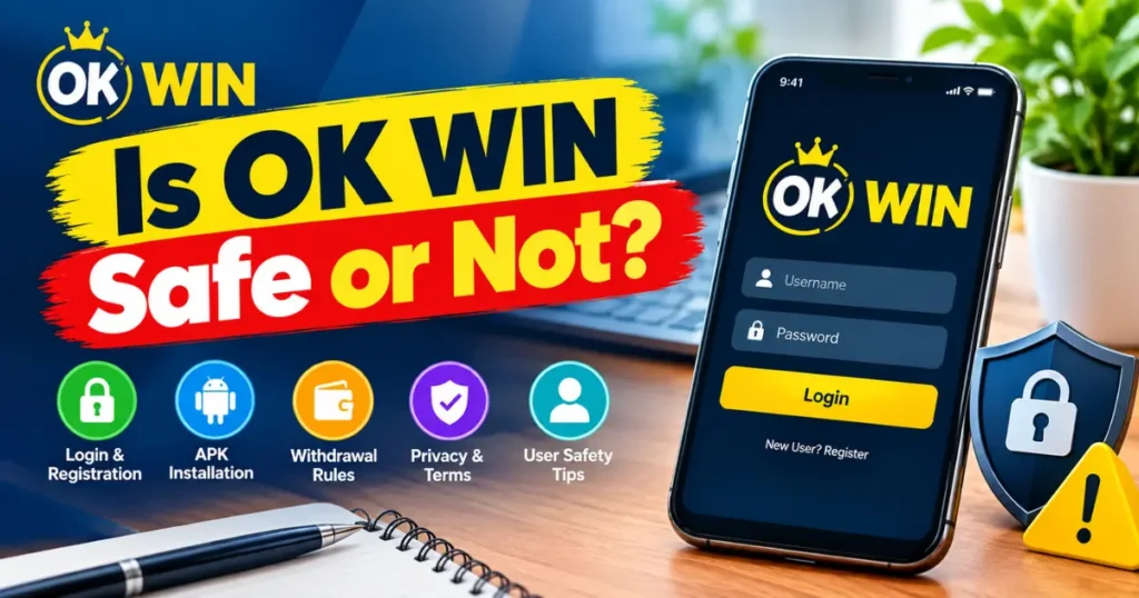 OK Win Login 2026 feature image showing OK Win APK Login, OKWin Login, OK Win registration, withdrawal rules, privacy policy, user safety tips, and the question "Is OK Win Safe or Not?" in a neutral informational guide.