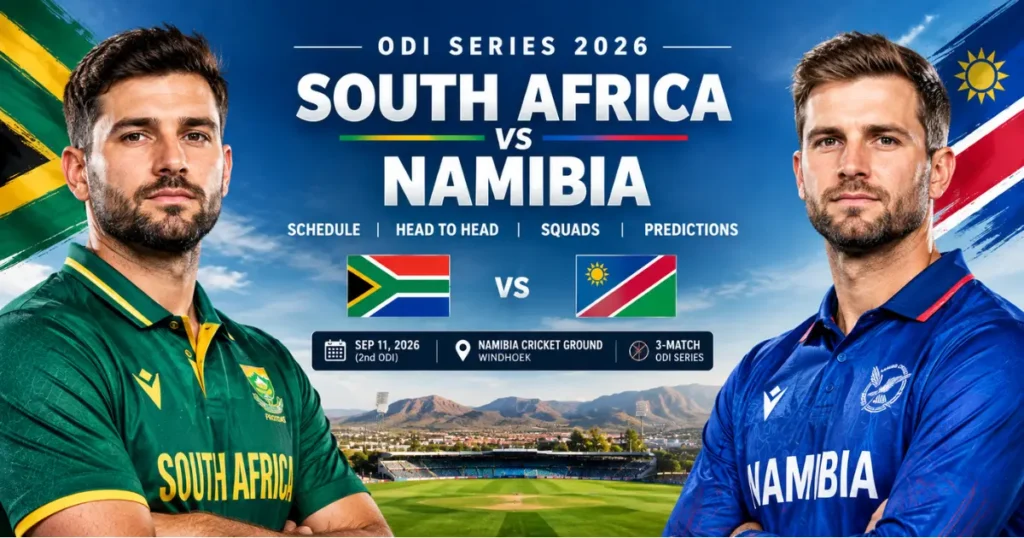 South Africa vs Namibia ODI Series 2026 featured image with South Africa and Namibia cricket players, highlighting match prediction, head-to-head record, squads, and the ODI series in Windhoek, Namibia. winexchange