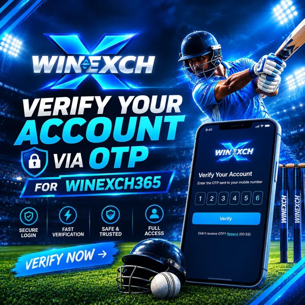 Winexch365 OTP account verification banner featuring a cricket batsman, Winexch logo, smartphone OTP verification screen, and blue stadium background for WinExchange247.
