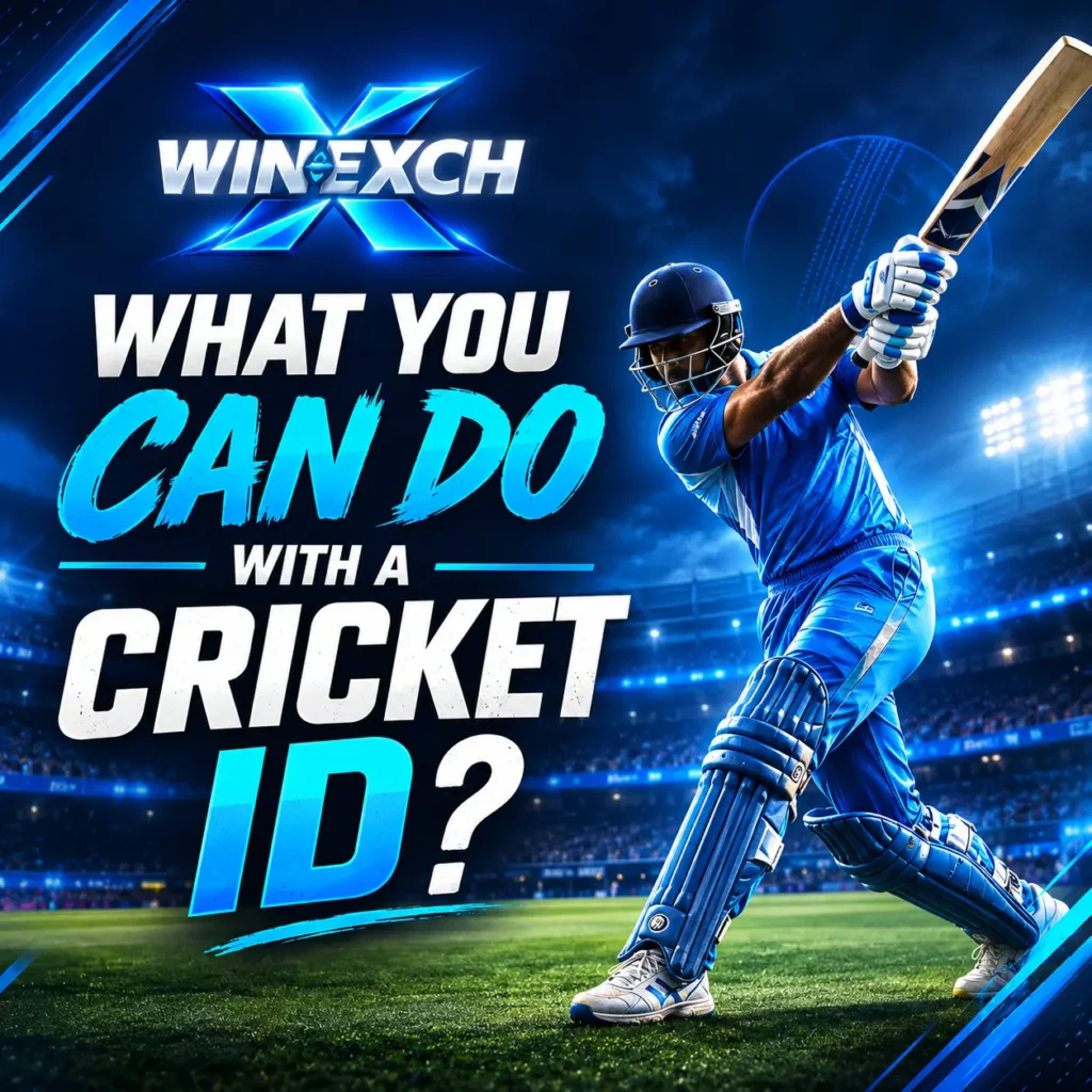 Professional cricket batsman with Winexch logo promoting cricket ID information on WinExchange247 sports platform with blue stadium lights.