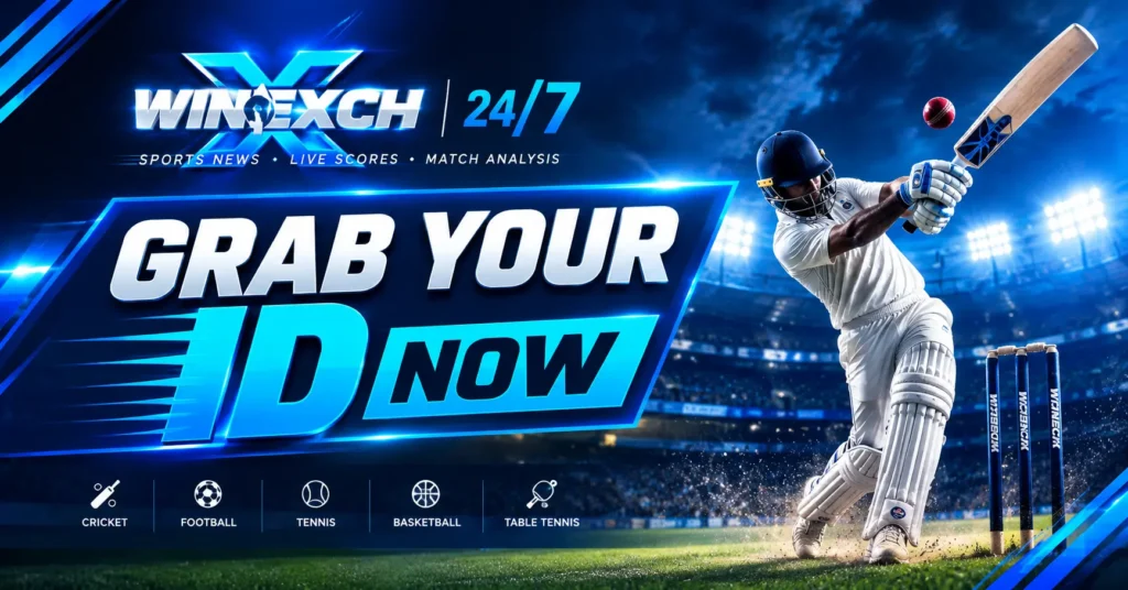 WinExchange247 cricket banner with batsman, Winexch logo, stadium lights, cricket stumps and sports news branding in blue theme.