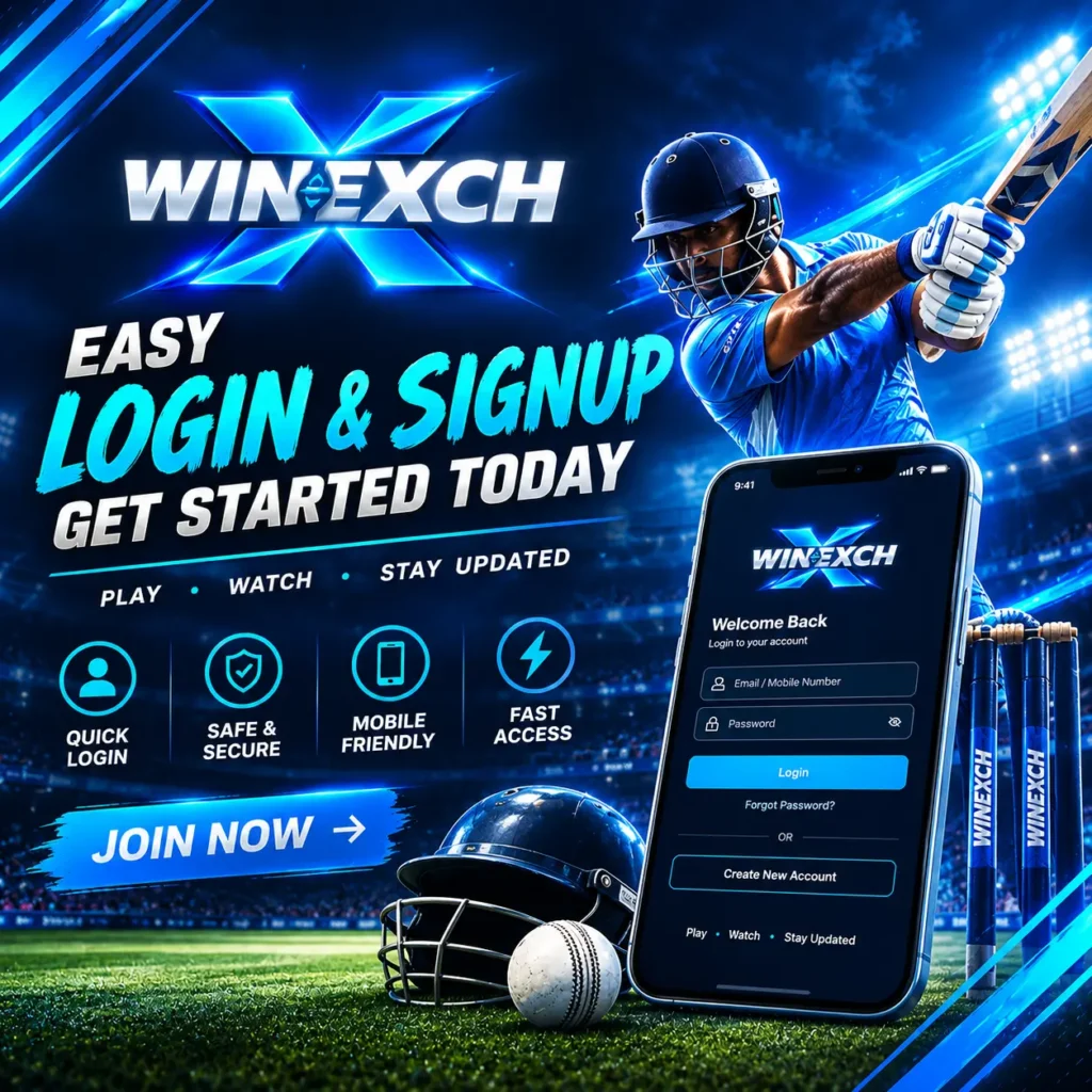 WinExchange247 login and signup poster featuring a cricket batsman, Winexch logo, smartphone login screen, and cricket stadium in a blue sports news theme.