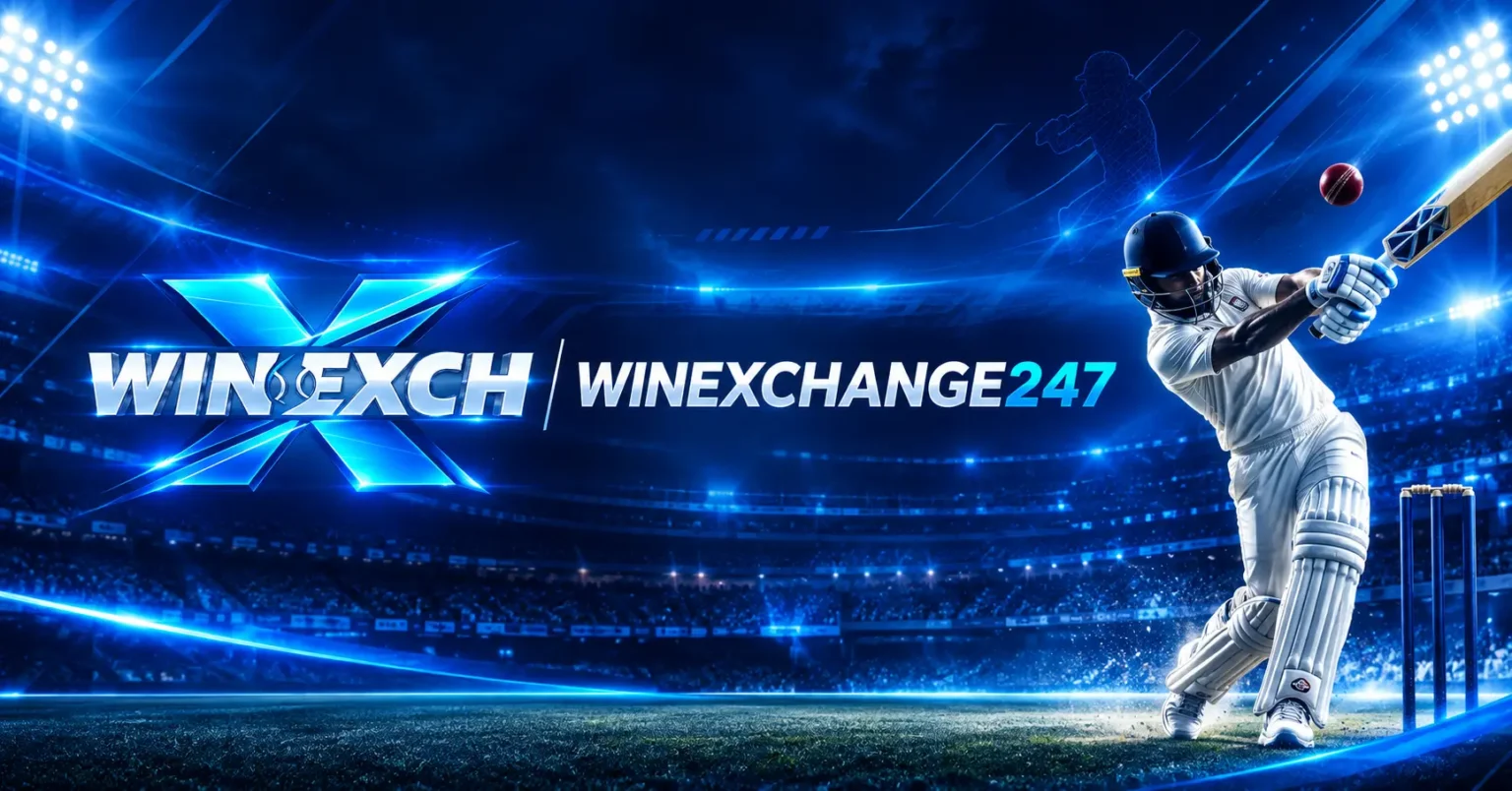 WinExchange247 official sports banner featuring blue Winexch logo, cricket batsman, stadium lights and live sports branding.