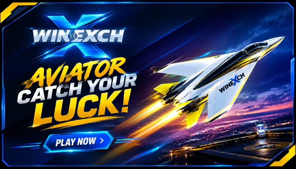 WinExch Aviator game promotional banner featuring a futuristic aircraft, WinExch Club branding, WinExch Login, WinExch Signup, WinExch App, and WinExch Mobile interface.