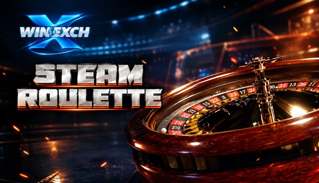 winexch365 ,WinExch Steam Roulette game promotional banner featuring a premium roulette wheel with WinExch Club branding, WinExch Login, WinExch App, WinExch Mobile, and Win Exchange platform design.
